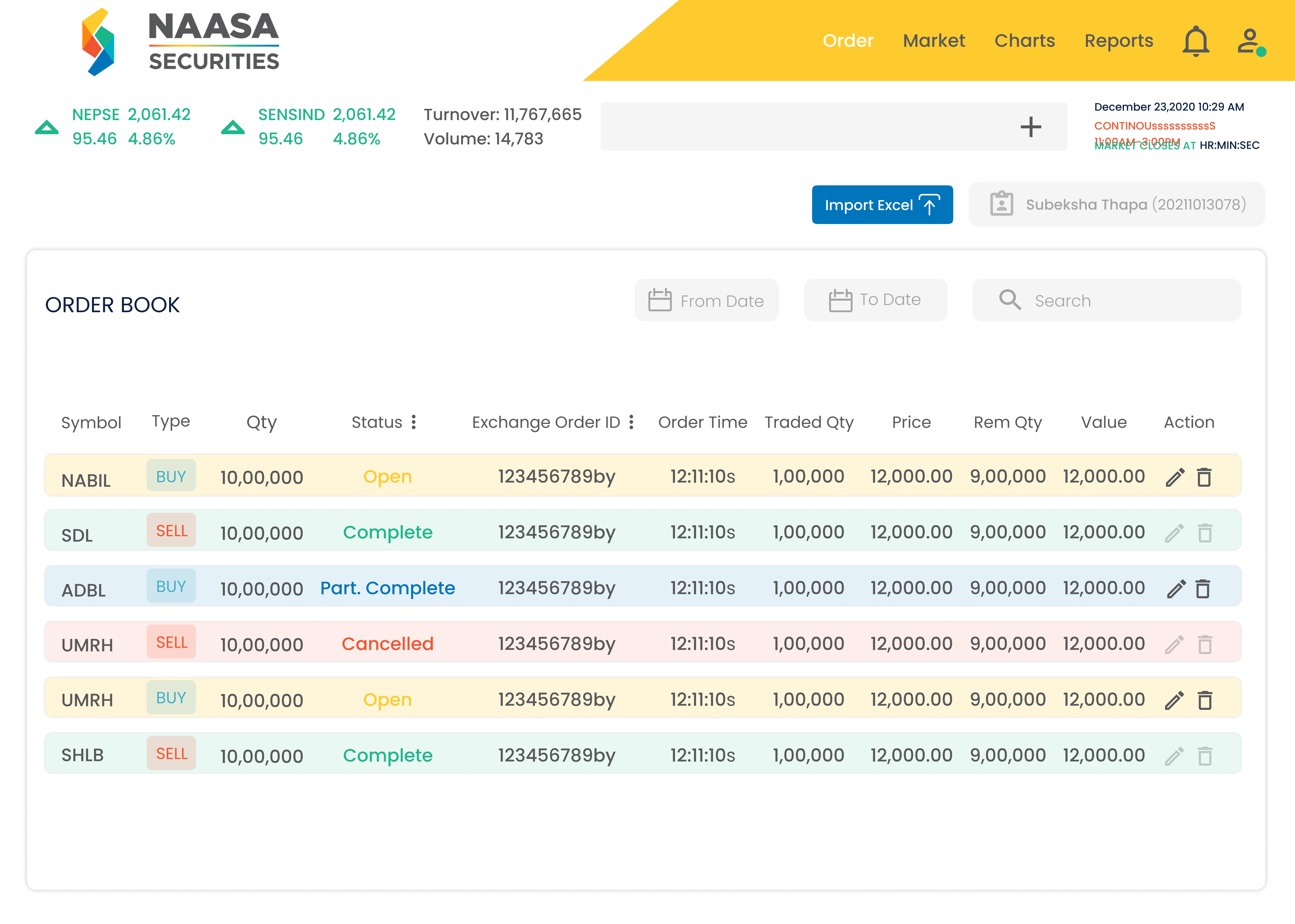 Order Book Page